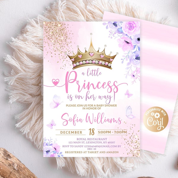 Princess Baby Shower Invitation, Princess Royal Baby Shower Invitation for Girl, Editable Purple Gold Castle Princess Baby Shower Invitation