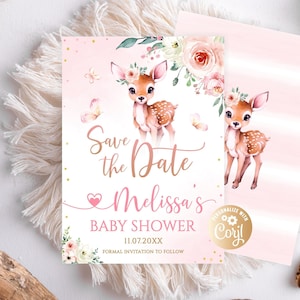Editable Deer Save the Date Card Pink Roses, Oh Deer Invitation Save the Date for Girl, Gold  Glitter Garden Watercolor Pink Roses Deer