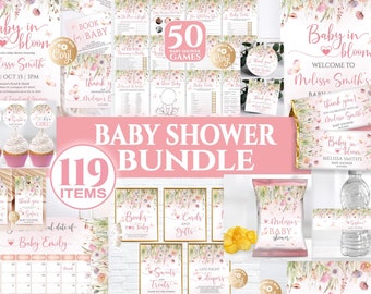Editable Wildflower Baby Shower Bundle, Baby in Bloom Baby Shower Bundle, Floral Pink Baby Shower Invitation Girl Set Wild flowers Bundle