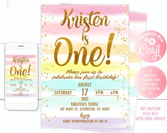 May include: A printable invitation for a first birthday party. The invitation is decorated with a rainbow watercolor background, gold glitter, and the text "Kristen is One!" in gold lettering. The invitation includes the date, time, and location of the party.