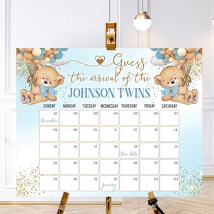 Editable Twins Due Date Calendar Bears, Guess the Due Date Calendar, Twin Babies Birth Date Sign, Twin Bears Blue Gold Guess Calendar