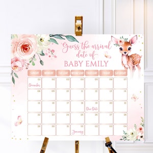 Editable Deer Due Date Calendar,Guess the Due Date Calendar, Oh Deer Pregnancy Announcement Calendar, Pink Roses Watercolor Flowers Calendar