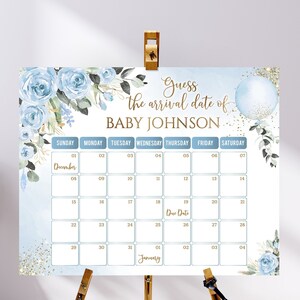Bearbeitbarer Oh Junge Blaue Rosen Ballon Fälligkeitsdatumskalender Aquarell, Errate den Fälligkeitsdatumskalender, Jungen Schwangerschaftansage Kalender Blau
