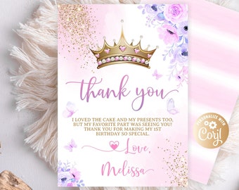 Editable Princess Thank You Card, Royal Baby Shower Thank You Card for Girl, Gold Thank You Card Сrown Castle Birthday Watercolor Pink