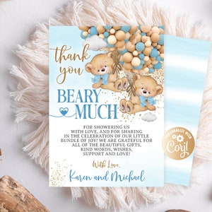 Biglietto di ringraziamento modificabile con orsetto gemello per ragazzi, biglietto di ringraziamento per mongolfiera con due ragazzi per baby shower per ragazzi, biglietto di ringraziamento blu con palloncini carini