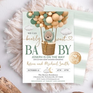 Bear Baby Shower Invitation, Gender Neutral Baby Bear Invite, Green Bear Balloons Baby Shower Invitation, Editable We Can Bearly Wait