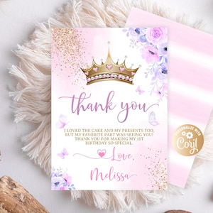 Cartão de agradecimento editável da princesa, cartão de agradecimento real para chá de bebê para menina, cartão de agradecimento dourado, castelo da coroa, aniversário, aquarela, rosa