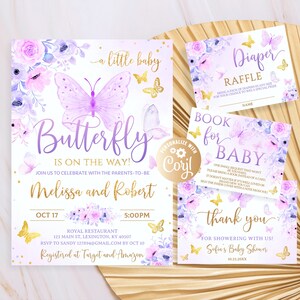Set di inviti per baby shower a forma di farfalla viola, per bambina, piccola farfalla, acquerello, invito per baby shower a forma di farfalla modificabile