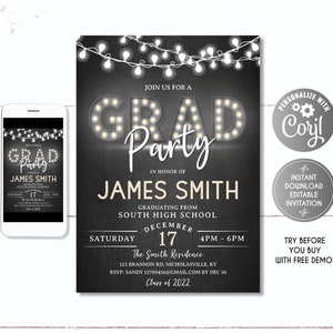 Grad Party Invitation, Graduation Party boy, Graduation Invitation, Chalkboard Graduation Party, editable black and gold, College Grad,