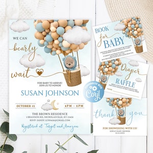 May include: A blue and brown baby shower invitation with a teddy bear in a hot air balloon made of balloons. The invitation says "We can barely wait" and includes the date, time, and location of the shower. It also says "Registered at Target and Amazon".