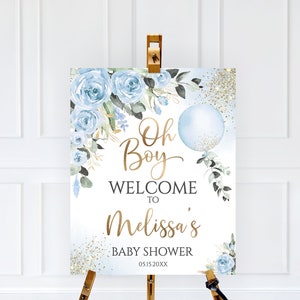 Editable Oh Boy Blue Roses Signo de bienvenida, Greenery Roses Blue Balloon Baby Shower Signo de bienvenida Oh Boy Baby Shower Decoraciones, Boy Gold Decor