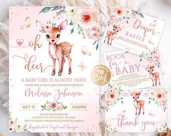 Deer Baby Shower Bundle Invitation, Pink Oh Deer Greenery Baby Shower Set, For Girl, Roses Editable Pink Gold Floral Deer Baby Shower Garden