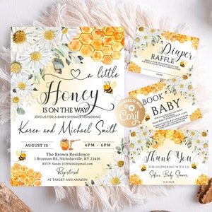 Editable A Little Honey is on the Way Bee Baby Shower Set Invitation, Bee Baby Shower Bundle Chamomile Flowers Watercolor Baby Shower Gold