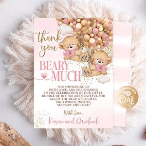 Cartão de agradecimento editável de urso de meninas gêmeas, balão de ar quente, cartão de agradecimento de chá de bebê de duas meninas, cartão de agradecimento dourado, balões de chá de bebê