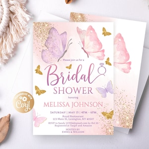 Invito per addio al nubilato con farfalla, modello di invito per addio al nubilato, modificabile, invito ad addio al nubilato in oro, farfalla nuziale rosa e oro