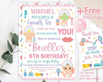 Spa Birthday Invitation, Spa Party Invitation, Spa Makeup, Girls Spa Party,  Pajama Pampering, Spa Night, free favor tags, African American