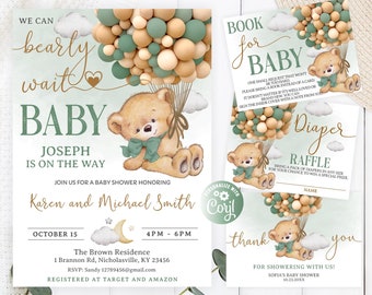 Editable Bear Baby Shower Invitation Set, We Can Bearly Wait Boy Bundle ...