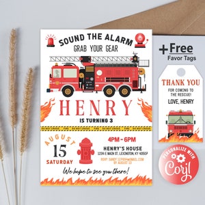 Firetruck Invitation, Firetruck Birthday Invitation, Fireman Birthday Party, Firefighter Birthday Invite,  Fireman free favor tags