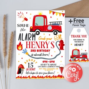 Firetruck Invitation, Fire truck Birthday Invitation, Fireman Birthday Party, Firefighter Birthday Invite,  Fireman free favor tags