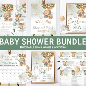 Pacchetto Baby Shower Orso modificabile, Pacchetto Baby Shower Ragazzo, Invito Baby Shower Orso per Ragazzo, Pacchetto Baby Shower Orso Oro con Palloncini