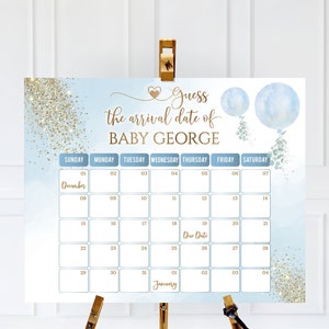 Editable Oh Boy Blue Balloon Due Date Calendar Watercolor Two Balloons Guess the Due Date Calendar Eucalyptus Pregnancy Announcement