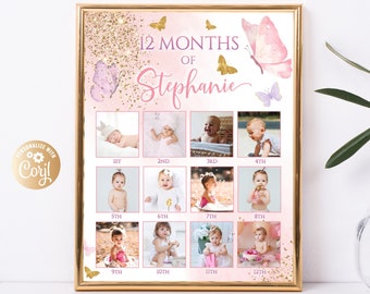 Editable Butterfly First 12 Months Photo Collage Sign, Butterfly First Birthday Photo Collage Poster, 1st First Birthday Gold Pink Purple