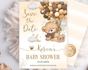 Editable Bear Brown Save the Date Boy Baby Shower Invitation We Can Bearly Wait Boy, Brown Baby Bear Save the Date Boy Bear Balloons Gold