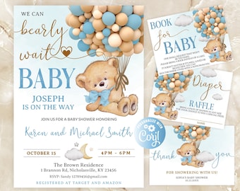 Bear Baby Shower Invitations Set, Editable We Can Bearly Wait Invites Bundle, Boy Bear With Balloons Bear Set, Hot Air Balloon