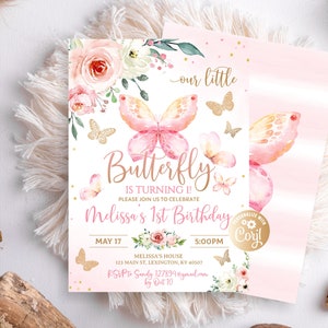 Vlinderverjaardagsuitnodiging, 1e verjaardagsuitnodiging, roze eerste verjaardagsuitnodiging, vlinderverjaardag, gouden meisje, bloemenvlinder
