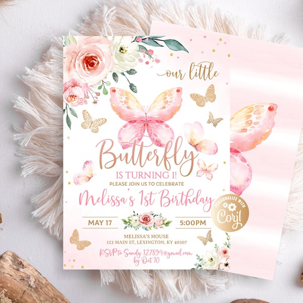 Butterfly Birthday Invitation, 1st Birthday Invite, Pink First Birthday Invitation, Butterfly Birthday, Gold Girl, Floral Butterfly