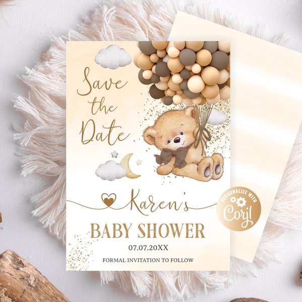Editable Bear Brown Save the Date Boy Baby Shower Invitation We Can Bearly Wait Boy, Brown Baby Bear Save the Date Boy Bear Balloons Gold