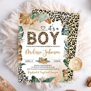 Editable Leopard Baby Shower Invitation it&#39;s a Boy, Safari Leopard Jungle Boy Baby Shower Invitation, Floral Boy Gold Baby Shower Invitation