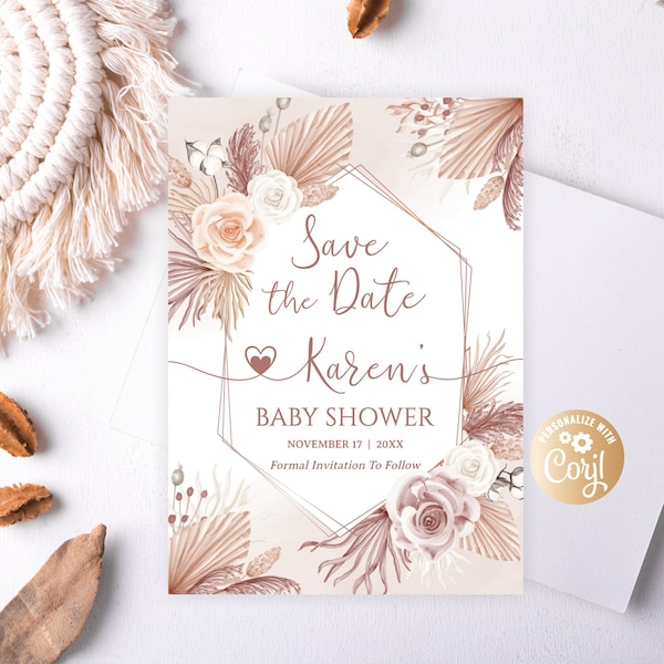 Editable Boho Save the Date Baby Shower Invitation Pampas Grass Save the Date, Bohemian Save the Date Gender Neutral Grass Save the Date