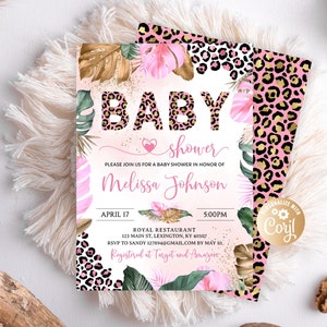 Editable Girl Leopard Baby Shower Invite, Safari Jungle Girl Baby Shower Invitation, Floral Pink Gold Girl Baby Shower, Safari Animals