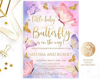 Butterfly Baby Shower Invitation, For Girl,  Purple A Little Baby Butterfly, Watercolor, Editable Gold Butterflies Decor Baby Shower