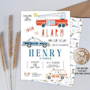 First responders birthday invitation, Calling All Units, First Responders Invite, firetruck car, police car, ambulance car, First responders