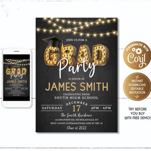 Grad Party Invitation, Graduation Party boy, Graduation Invitation, Chalkboard Graduation Party, editable black and gold, College Grad,