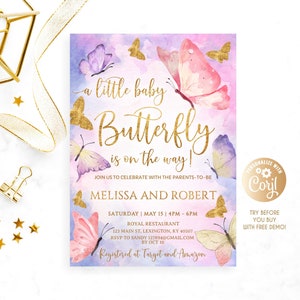 Butterfly Baby Shower Invitation, For Girl,  Purple A Little Baby Butterfly, Watercolor, Editable Gold Butterflies Decor Baby Shower