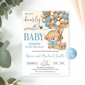 Bear Baby Shower Invitations, Editable We Can Bearly Wait Invites, Boy Bear With Balloons  Bear Hot Air Balloon Bear Theme