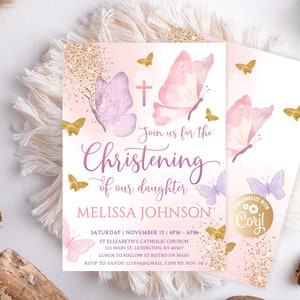 Invito di battesimo con farfalla, battesimo di bambina con farfalla digitale modificabile Invito di battesimo con farfalla in oro viola digitale Battesimo di ragazza