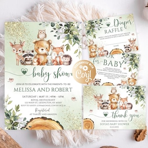 Bearbeitbares Set Wald Babyparty Einladung, Geschlecht Neutral Set Babyparty, Wald Thema Tiere, Grün Wald Aquarell Glitter