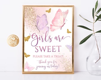 Editable Girl Butterfly Baby Shower Dessert Table Sign, Butterfly Girls are Sweet Table Sign, Food Table Poster Printable, Rose Gold Girl