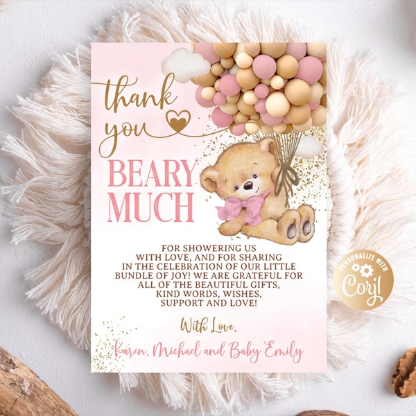 Editable Bear Pink Thank You Card, Hot Air Balloon Bear Baby Shower Thank You Card for Girl Gold Thank You Card Baby Shower Glitter Balloons