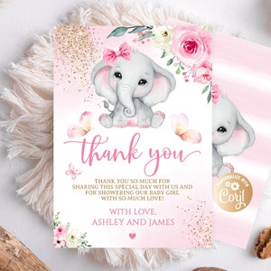 Tarjeta de agradecimiento editable elefante rosa fuerte, bebé elefante bebé ducha tarjeta de agradecimiento oro tarjeta de agradecimiento acuarela rosa brillo verde