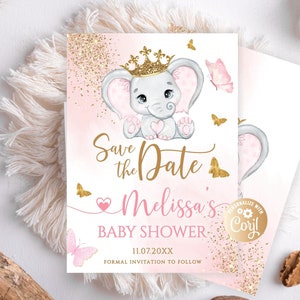 Tarjeta editable para guardar la fecha con elefante, Elefante rosa con corona dorada, Guarda la fecha para niña, Elefante niña acuarela con purpurina dorada