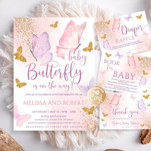 Butterfly Baby Shower Invitation Set, Butterfly Baby Shower Invitation for Girl Bundle, Editable Purple Gold Butterfly Baby Shower Bundle