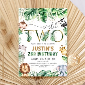 Wild Zwei 2. Geburtstagseinladung, 2. Geburtstagsjunge, Safari-Dschungel-Geburtstags-Einladung Gold, Safari-Tiere, bearbeitbarer ZWEI Geburtstag für Jungen