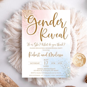 Gender Reveal Invitation, He or She? What do you think? Gold and Glitter, Boy or Girl, Pastel Blue and Pink Smoke,Gender Reveal  Neutral