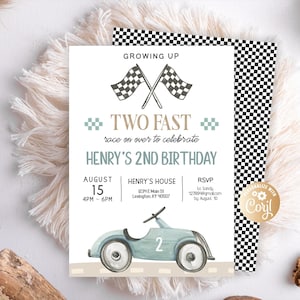 Bewerkbare twee snelle verjaardagsuitnodiging, vintage auto, vintage raceauto uitnodiging, raceauto 2e verjaardag, twee snelle verjaardag, retro raceauto