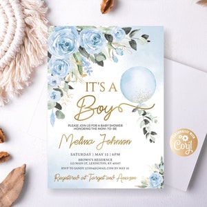 Editable It&#39;s a Boy Baby Shower Invitation Oh Boy Blue Roses Balloon Baby Shower Invitation  Blue Floral Baby Shower Watercolor Gold foil